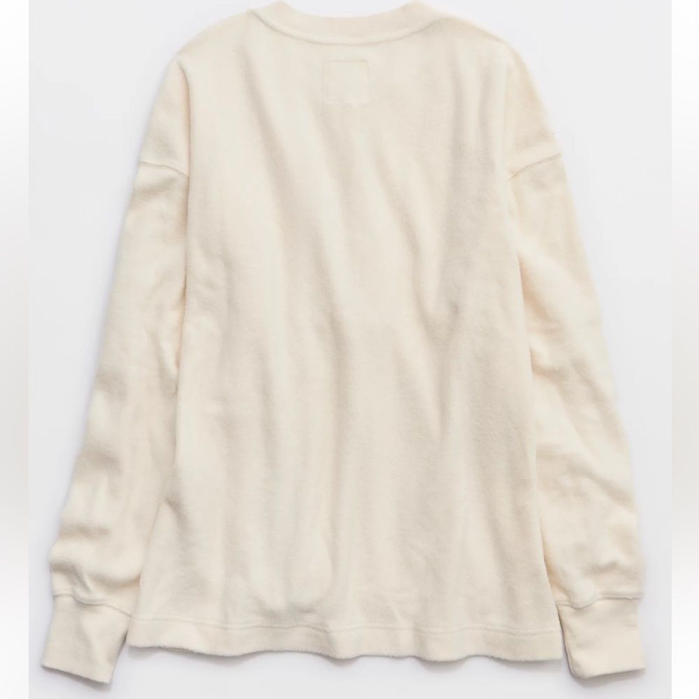 aerie Neutral Ivory Quarter Button Cotton Sherpa Henley Sweatshirt - Picture 5 of 17